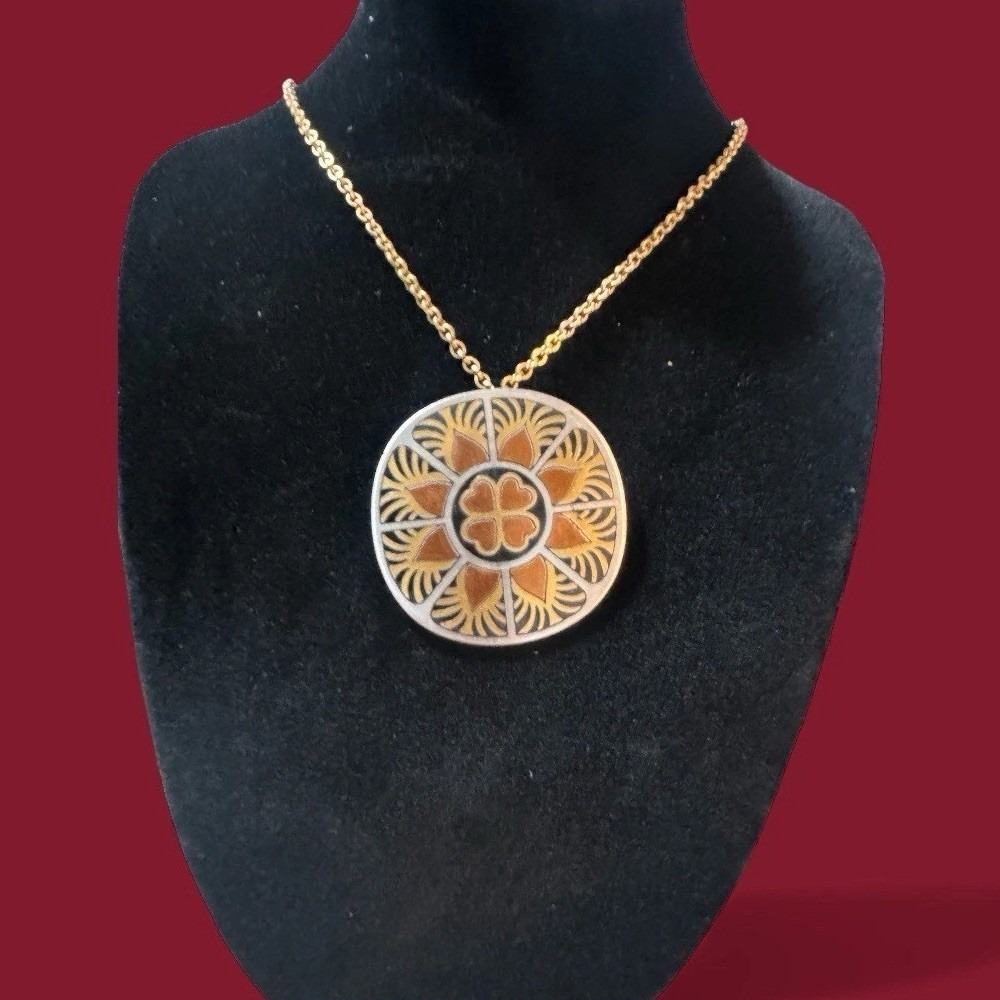 Vtg Damascene Reed & Barton Clover Sun Mixed Gold/Black Metal Brooch Pendant
